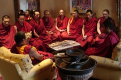 Tibetan Monks of Drepung Loseling Monastery (Mystical Arts of Tibet tour) offer blessing prayers for Inn of The Five Graces, it’s staff and many guests. With managing partner Sharif Seret. Feb. 2009
