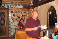 The touring monks are excellent cooks whose specialty is making momos, the traditional Tibetan meat or veggie filled dumpling. April 2004