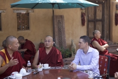 Tibetan Monks of Drepung Loseling Monastery (Mystical Arts of Tibet tour) offer blessing prayers for Inn of The Five Graces, its staff and many guests. With managing partner Sharif Seret. Aug, 2014
