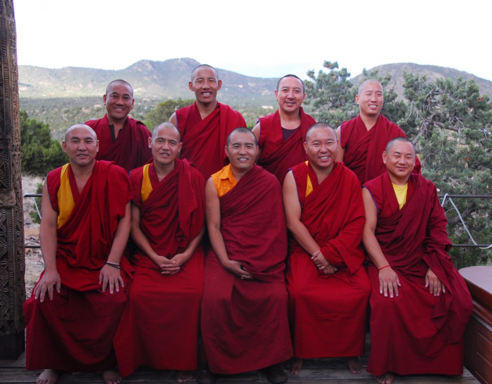 Monks from the Drepung Loseling Monastery pose for a photo in Santa Fe, NM