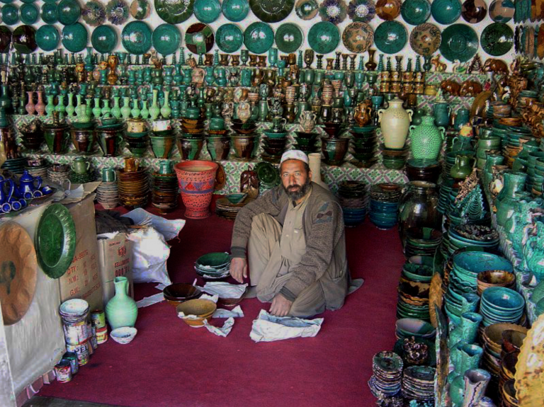 Malik Mohammad was a potter in Istalif before it was destroyed by the Taliban. Now he has returned to making the region's distinctive green and turquoise pottery.