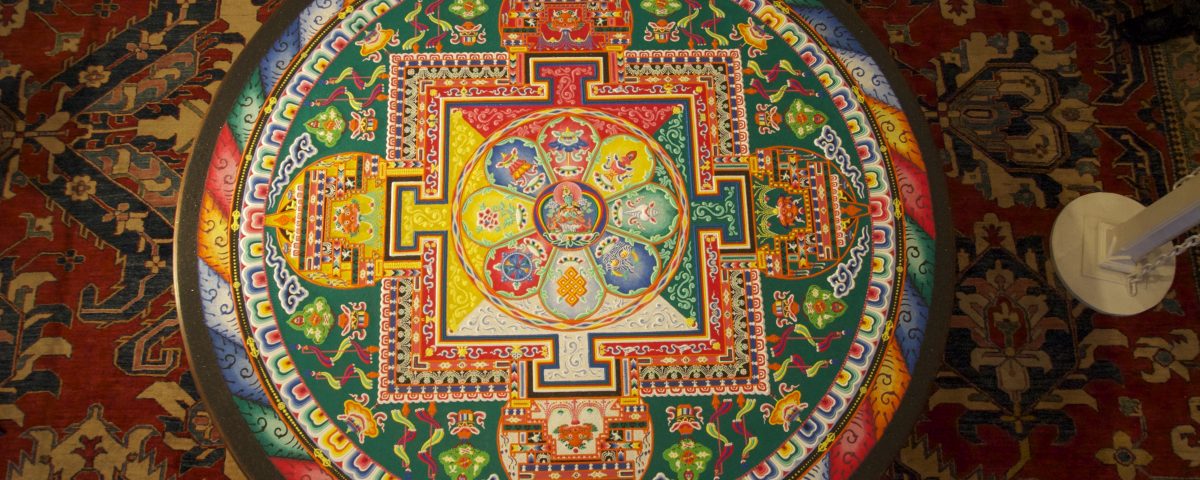 A completed Sand Mandala made by the monks of the Drepung Loseling Monastery on display at Seret & Sons Gallery