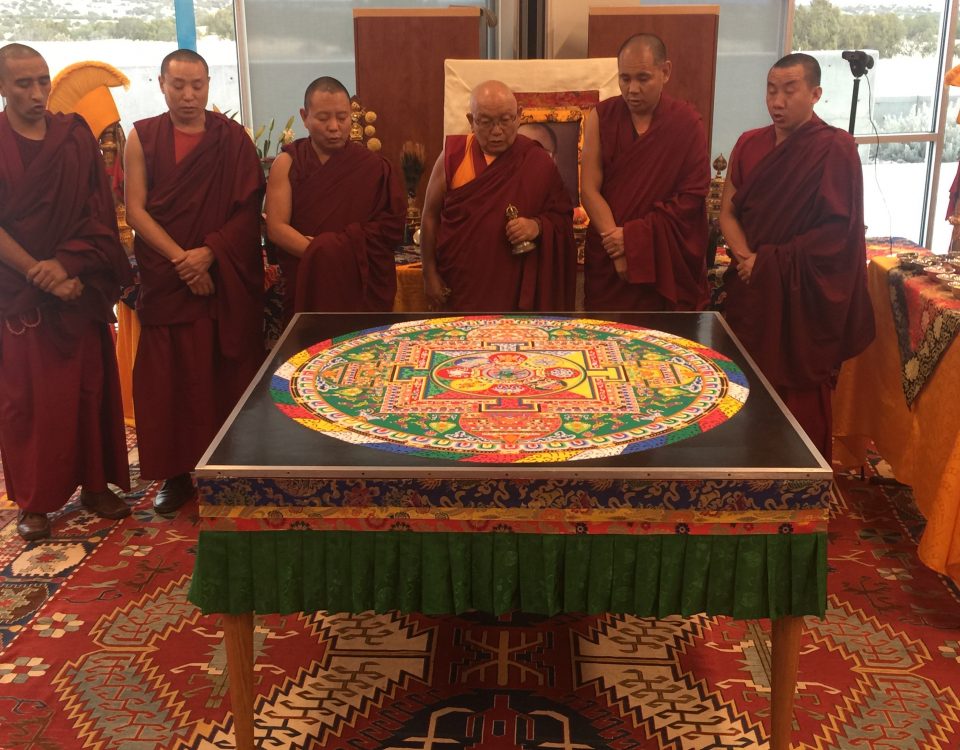 A completed Sand Mandala made by the monks of the Drepung Loseling Monastery on display at Seret & Sons Gallery